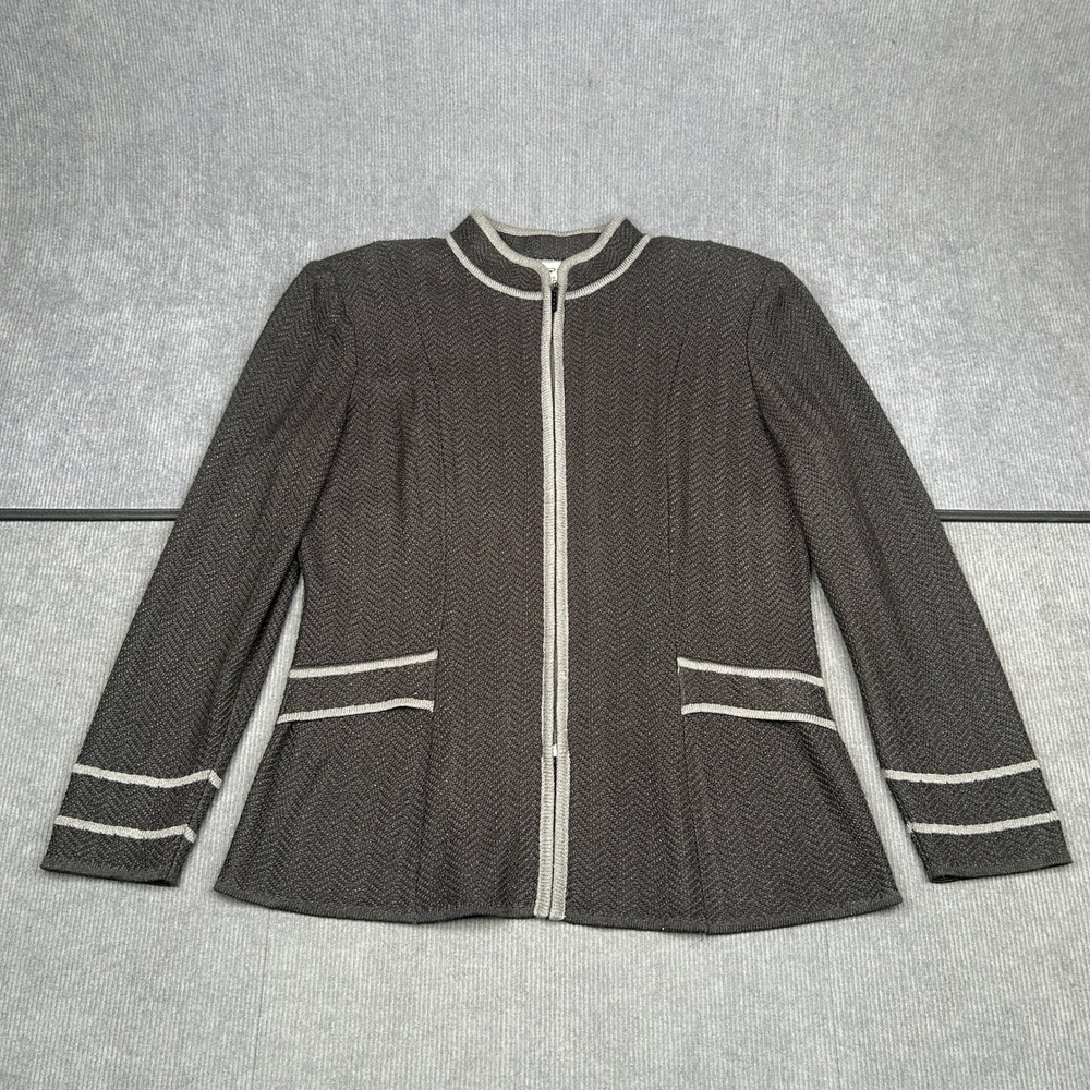 Vintage Zip Up Knit Jacket Brown Chevron Mock Neck Made in USA Sz 8 Eric Steven